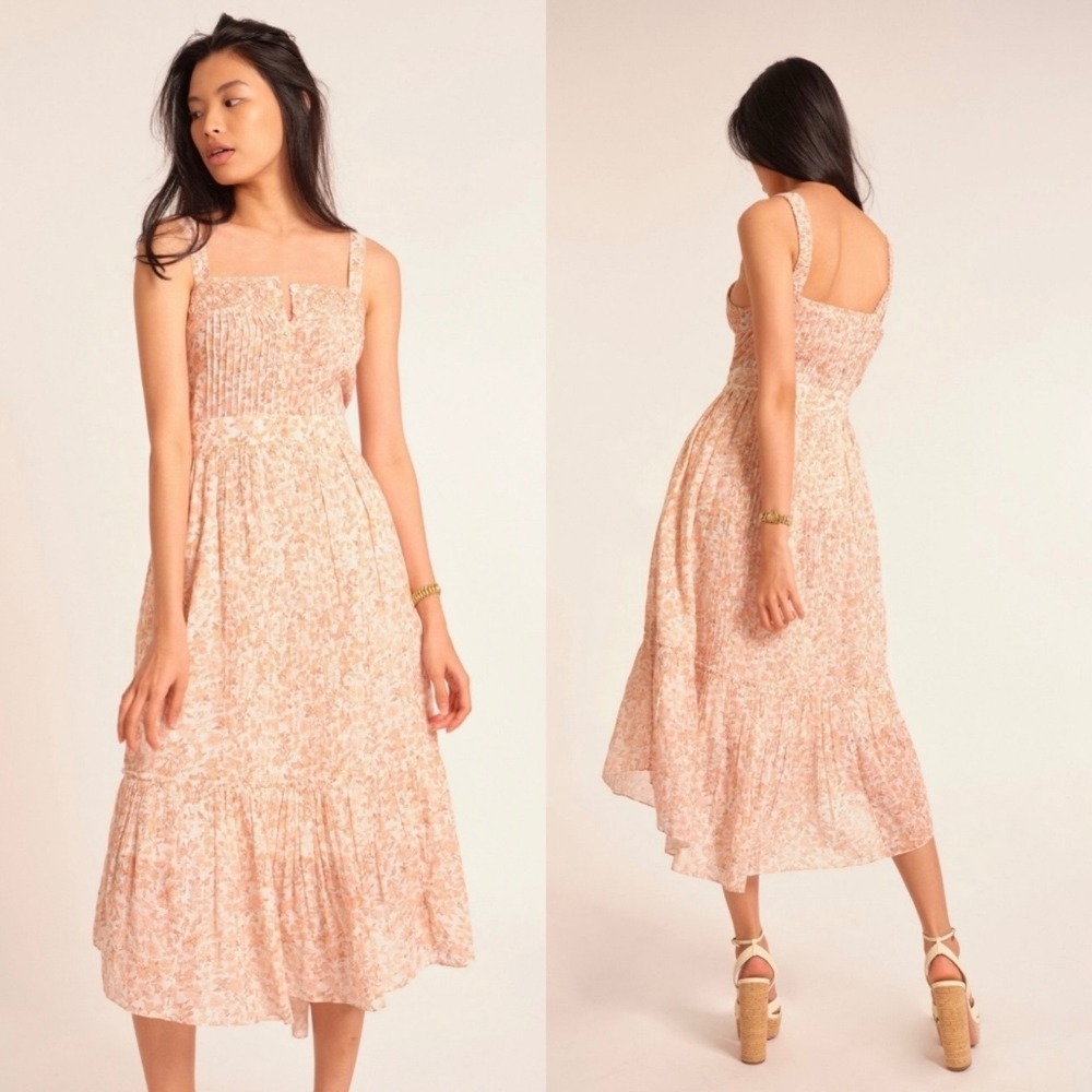 LoveShackFancy Pink Floral‎ Tove Midi Dress Size 2 Vanilla Foam Pintuck Tiered